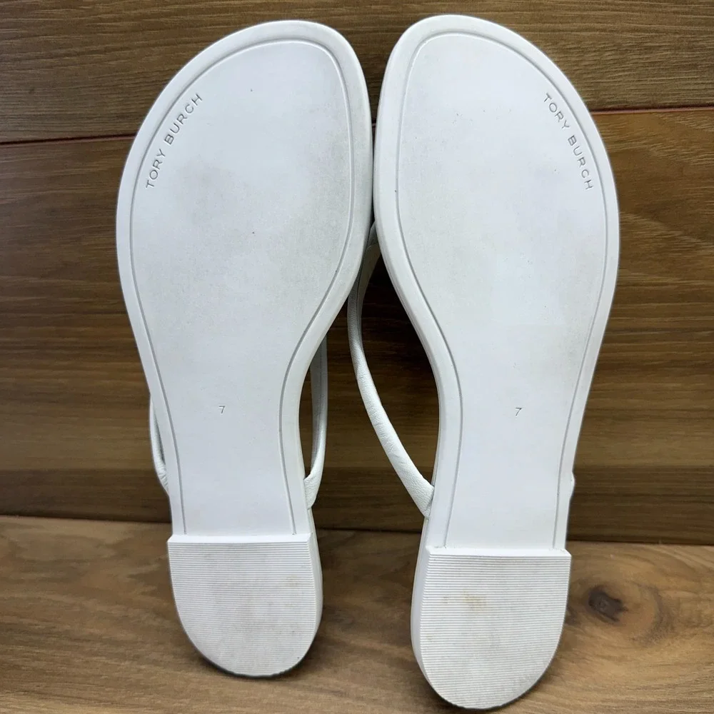 Tory Burch Flower Applique Flip Flops Womens 7 Cream White Leather Thong Preppy